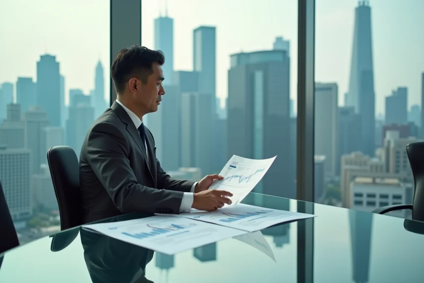 Homme d'affaires asiatique analysant des données économiques et des graphiques de PIB dans un bureau moderne avec vue sur une métropole