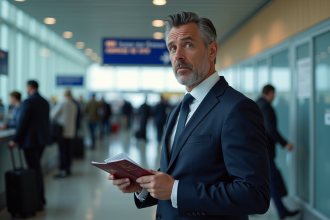 Homme d'affaires inquiet avec passeport à l'aéroport