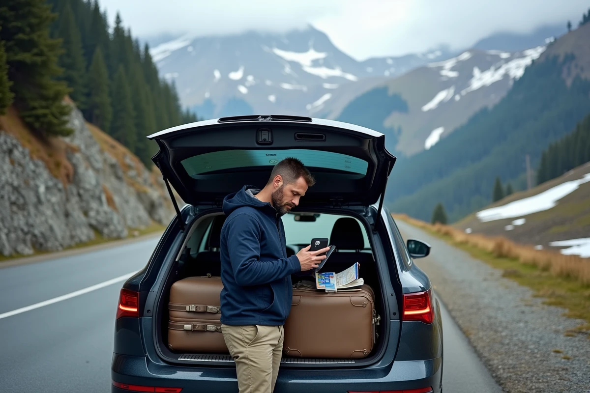 Homme organisant ses bagages et consultant un atlas MICHELIN au coffre de sa voiture dans les Alpes