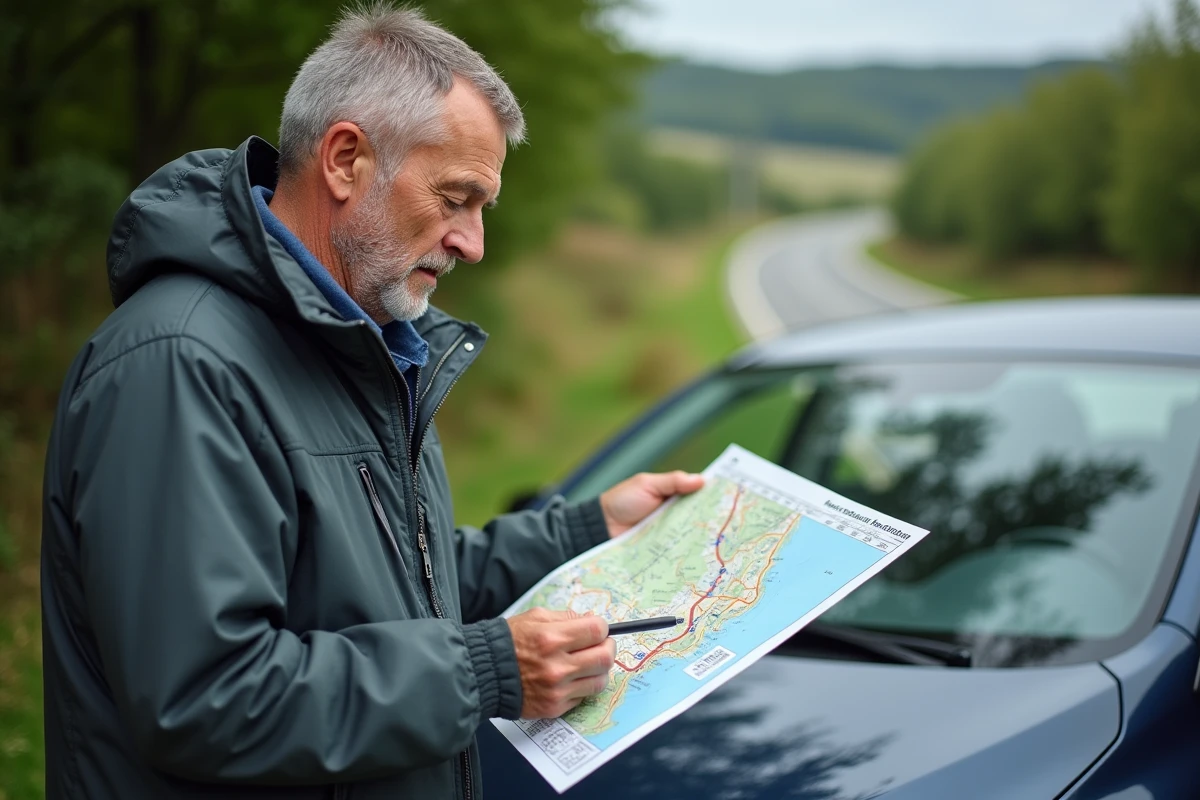 Homme d'âge moyen étudiant une carte routière en plein air