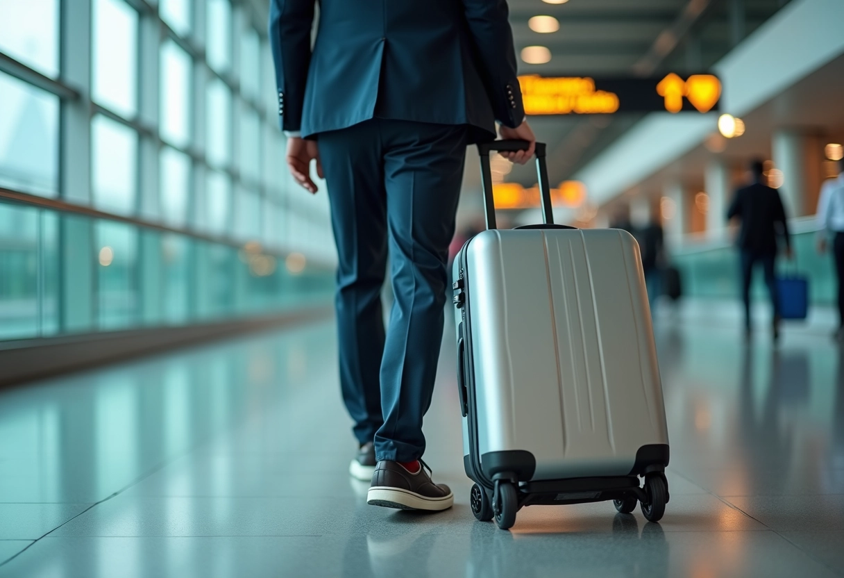Homme en costume d&eacute;place sa valise dans un a&eacute;roport anim&eacute;
