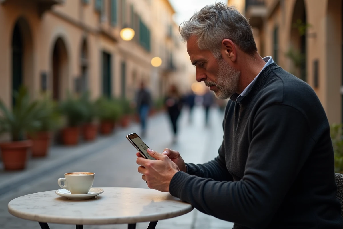 Homme utilisant une application eSIM sur son t&eacute;l&eacute;phone depuis un caf&eacute; en Europe pour &eacute;viter les frais de roaming