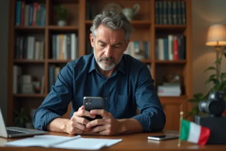 Homme français au bureau en train de composer un numéro