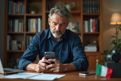 Homme fran&ccedil;ais au bureau en train de composer un num&eacute;ro