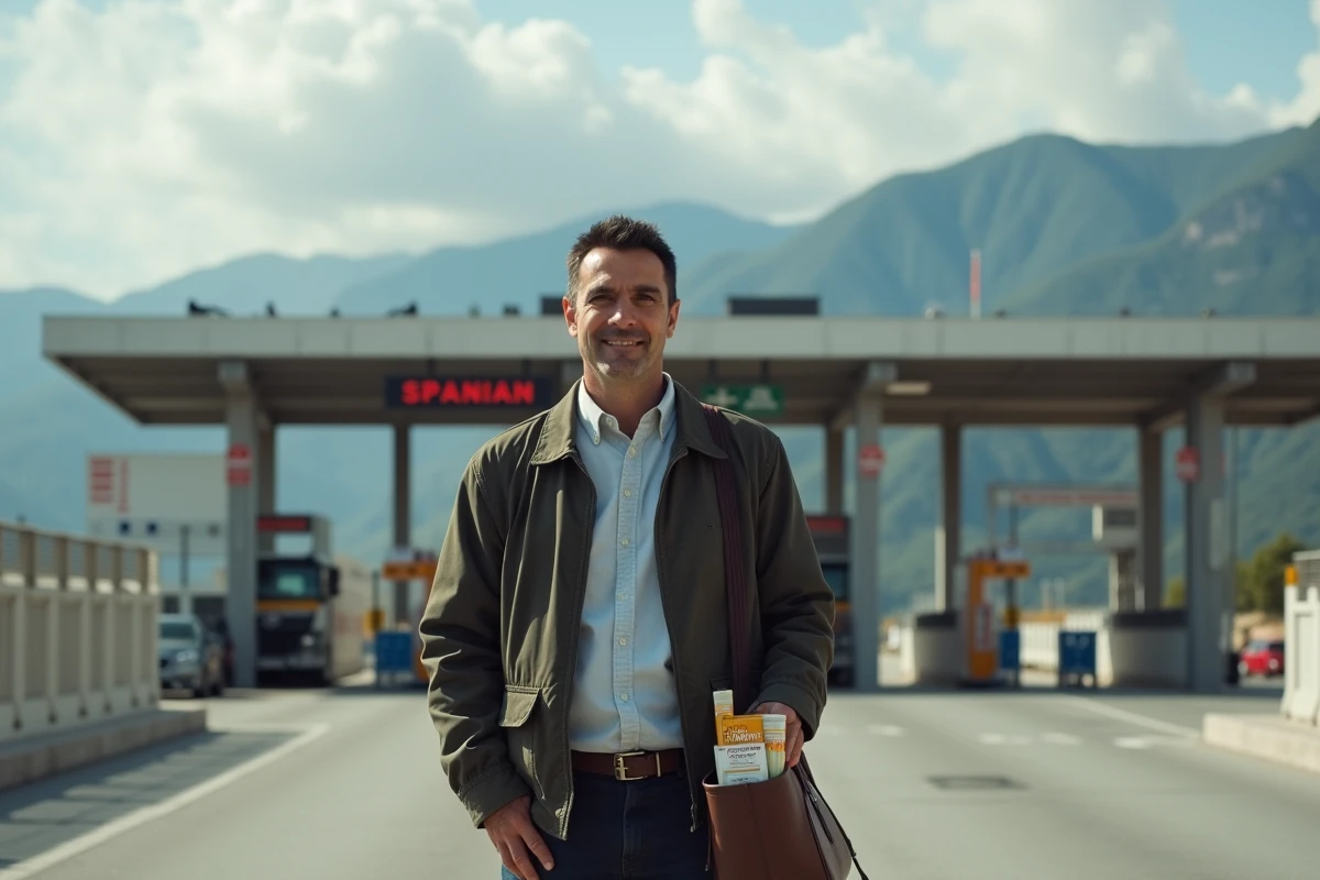 Homme d'âge moyen à la frontière espagnole avec bagage et tabac