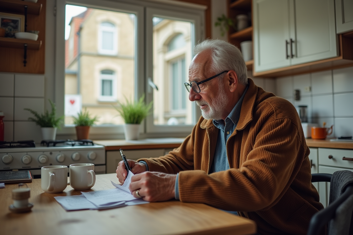 Homme belge âgé triant ses factures dans sa cuisine modeste