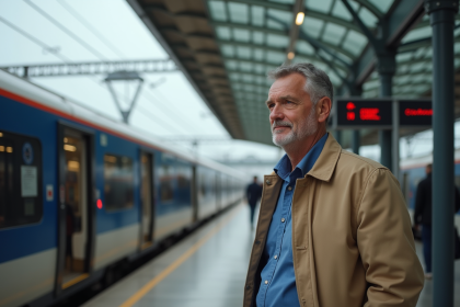 Homme d'âge moyen devant un train Eurostar à Gare du Nord