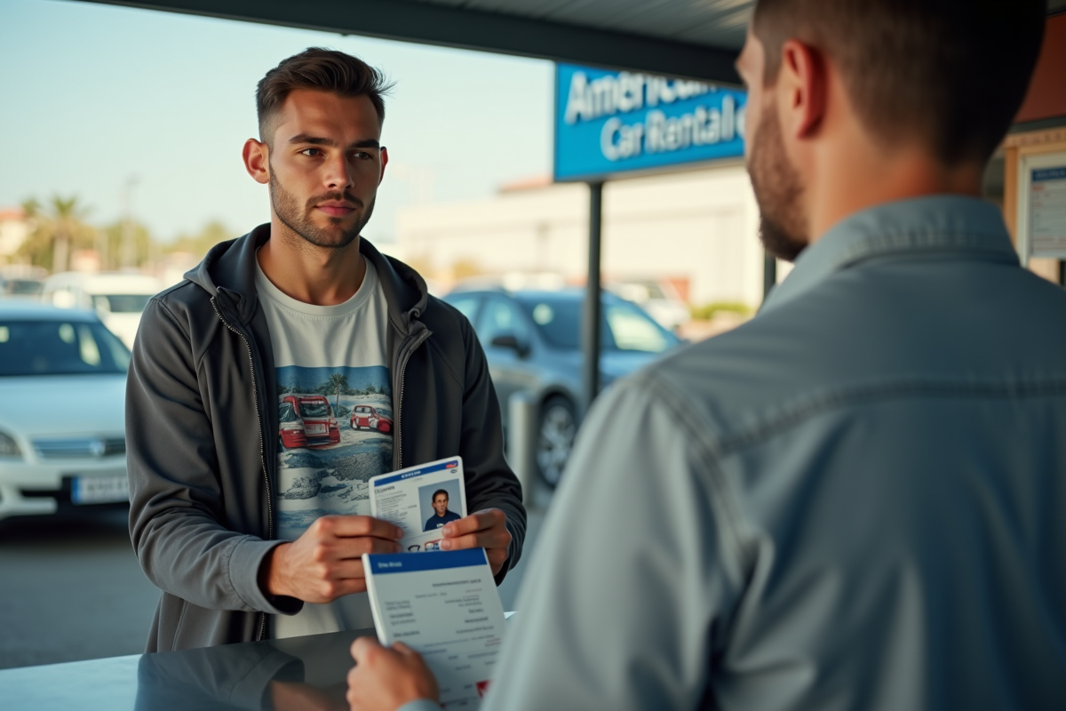Jeune homme présentant permis de conduire à un comptoir de location
