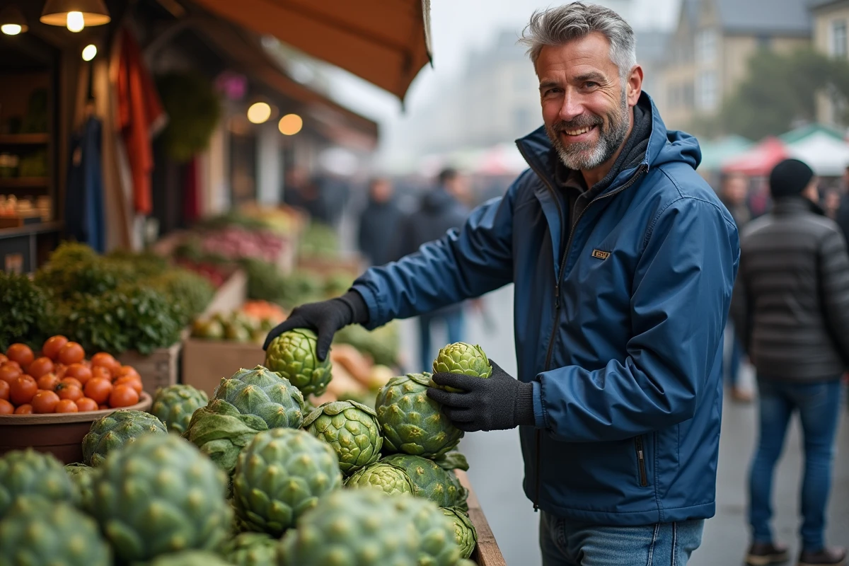 Homme choisissant des artichauts au march&eacute; en Finist&egrave;re