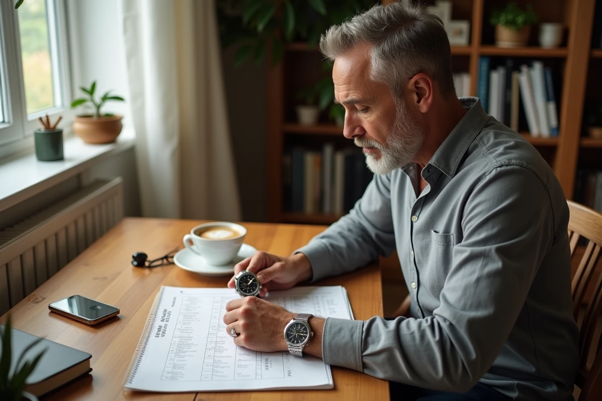 Homme comparant deux montres à différents fuseaux horaires sur un bureau en bois avec un carnet de voyage, symbole de préparation au décalage horaire pour La Réunion