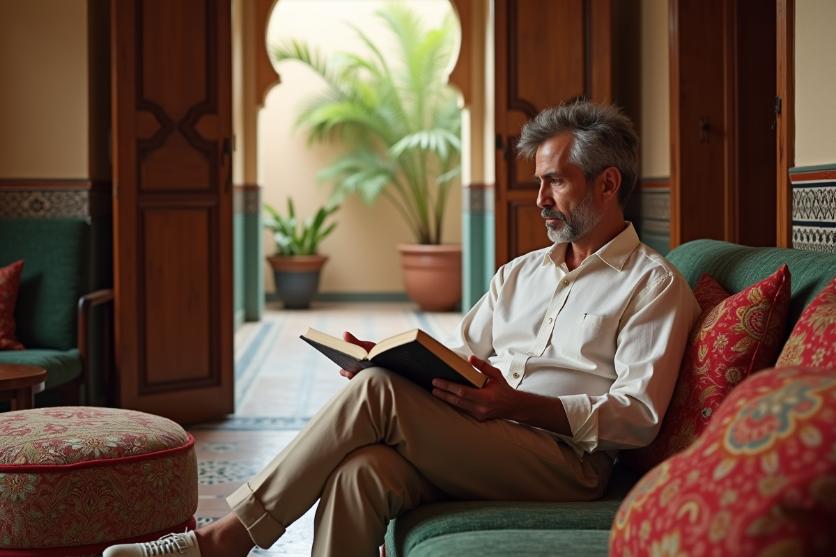 Homme marocain lisant dans un salon traditionnel