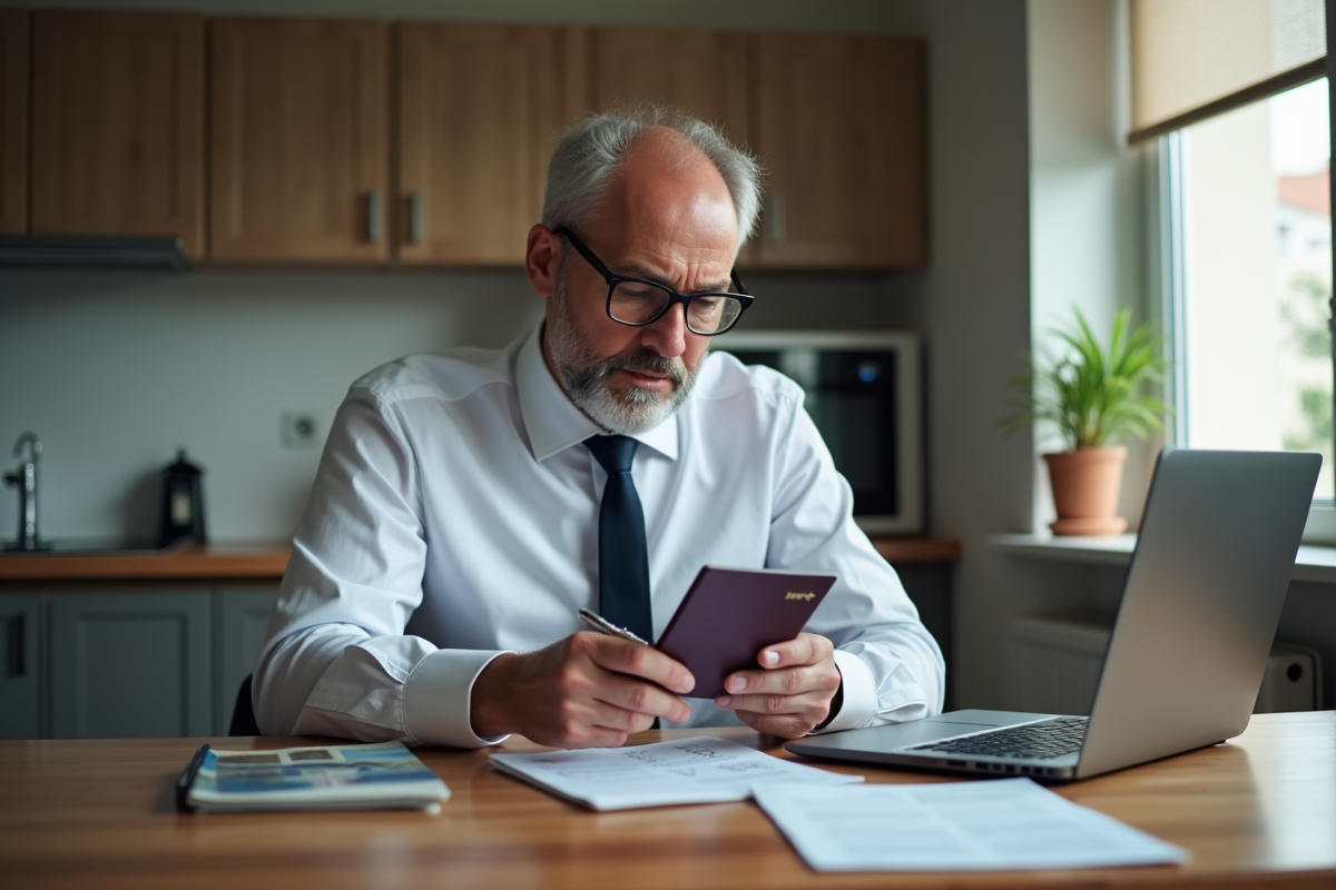 Homme réfléchissant avec passeport et ordinateur à la maison