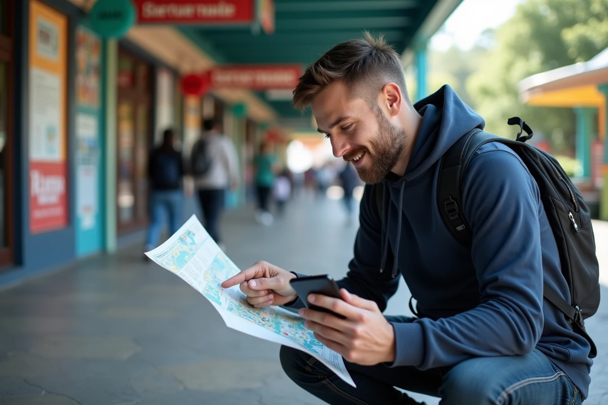 Homme consultant un plan papier Eurodisney et son smartphone pour vérifier les temps d'attente des attractions