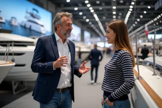 Homme souriant expliquant un voilier au salon nautique
