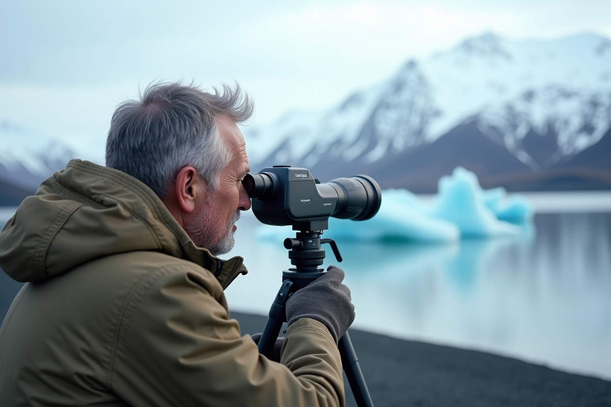 Homme regardant une lagune glaciale en Islande