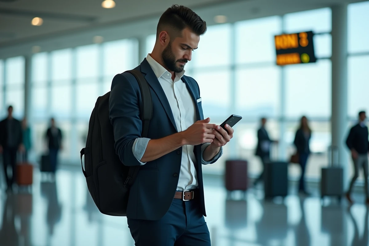 Homme vérifiant son assurance voyage sur smartphone à l'aéroport avant de partir en voyage Leclerc