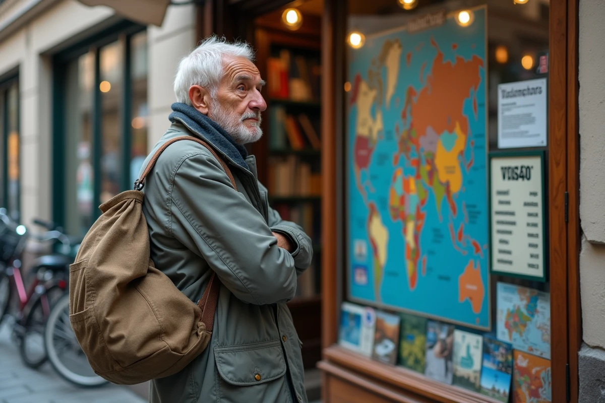 Homme âgé regardant affiches de voyage en ville