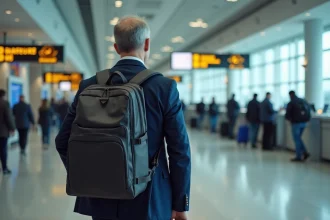 Homme d'âge moyen dans un blazer marine à l'aéroport