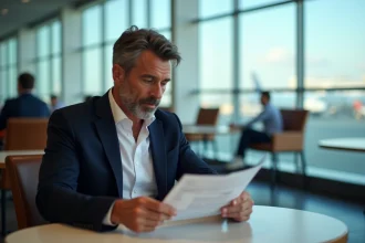 Homme d'âge moyen en blazer à l'aéroport lisant un billet