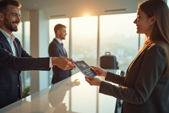 Personne remettant passeport et réservation à la réception d'hôtel