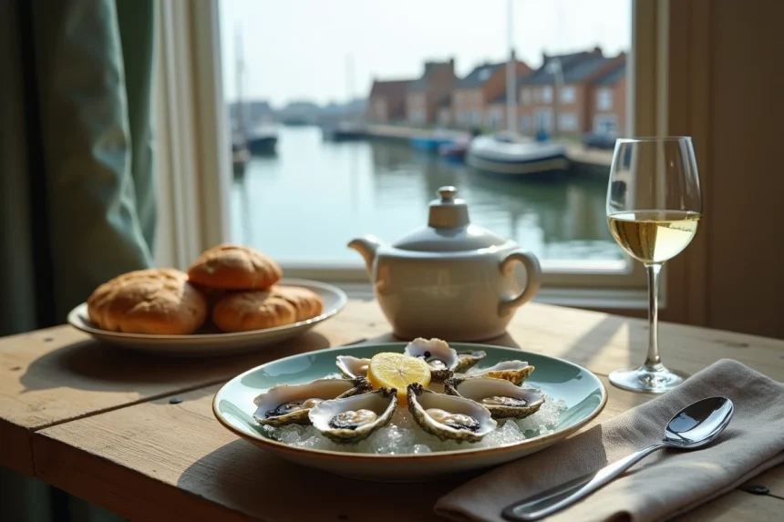 Assiette d'huîtres fraîches et verre de vin blanc sur une table en bois rustique avec vue sur l'estuaire de la Somme à Saint-Valery-sur-Somme