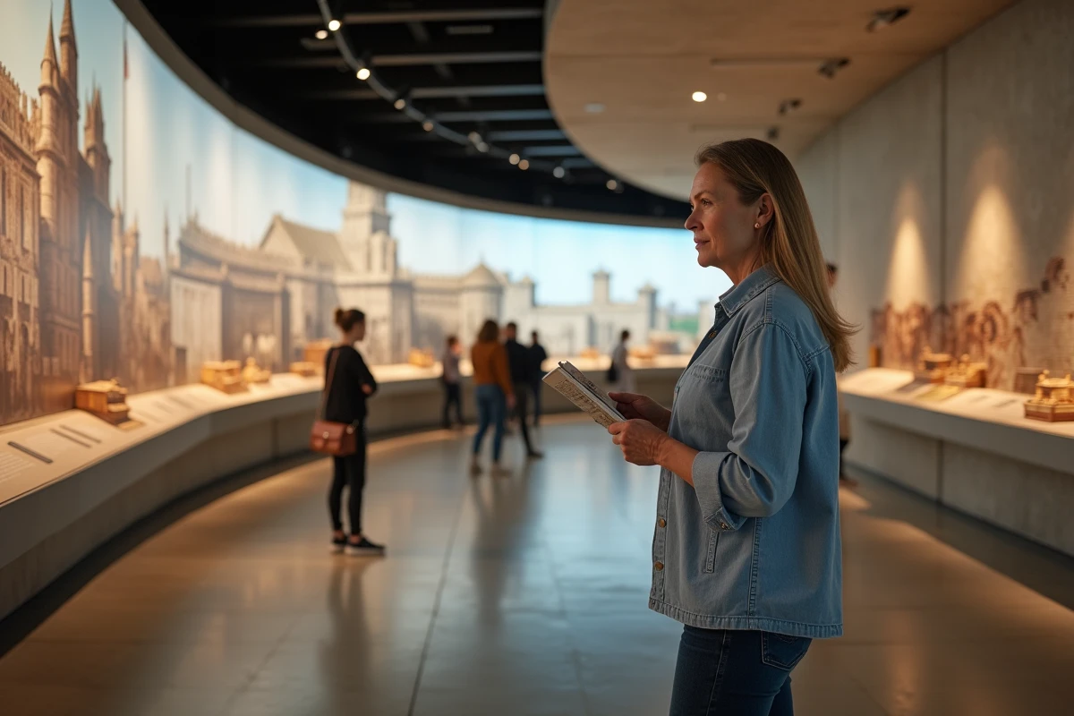 Intérieur du muséoparc Alésia avec une visiteuse devant les panneaux d'exposition sur la bataille de Vercingétorix