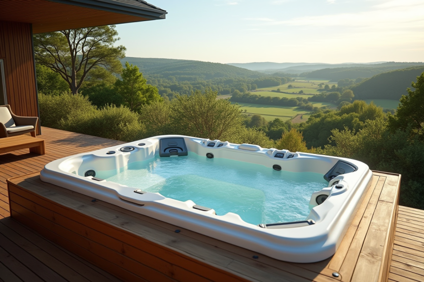 Jacuzzi privé sur terrasse en Normandie en plein jour
