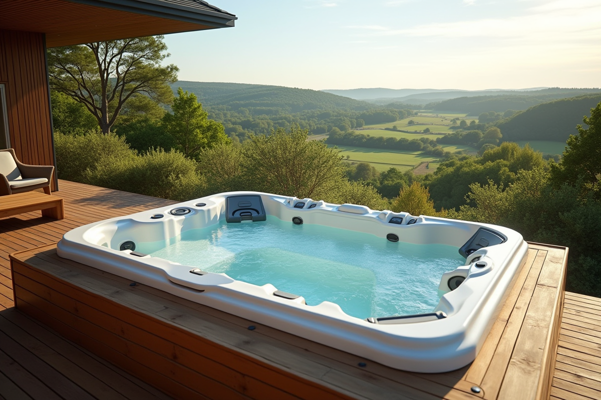 Jacuzzi privé sur terrasse en Normandie en plein jour