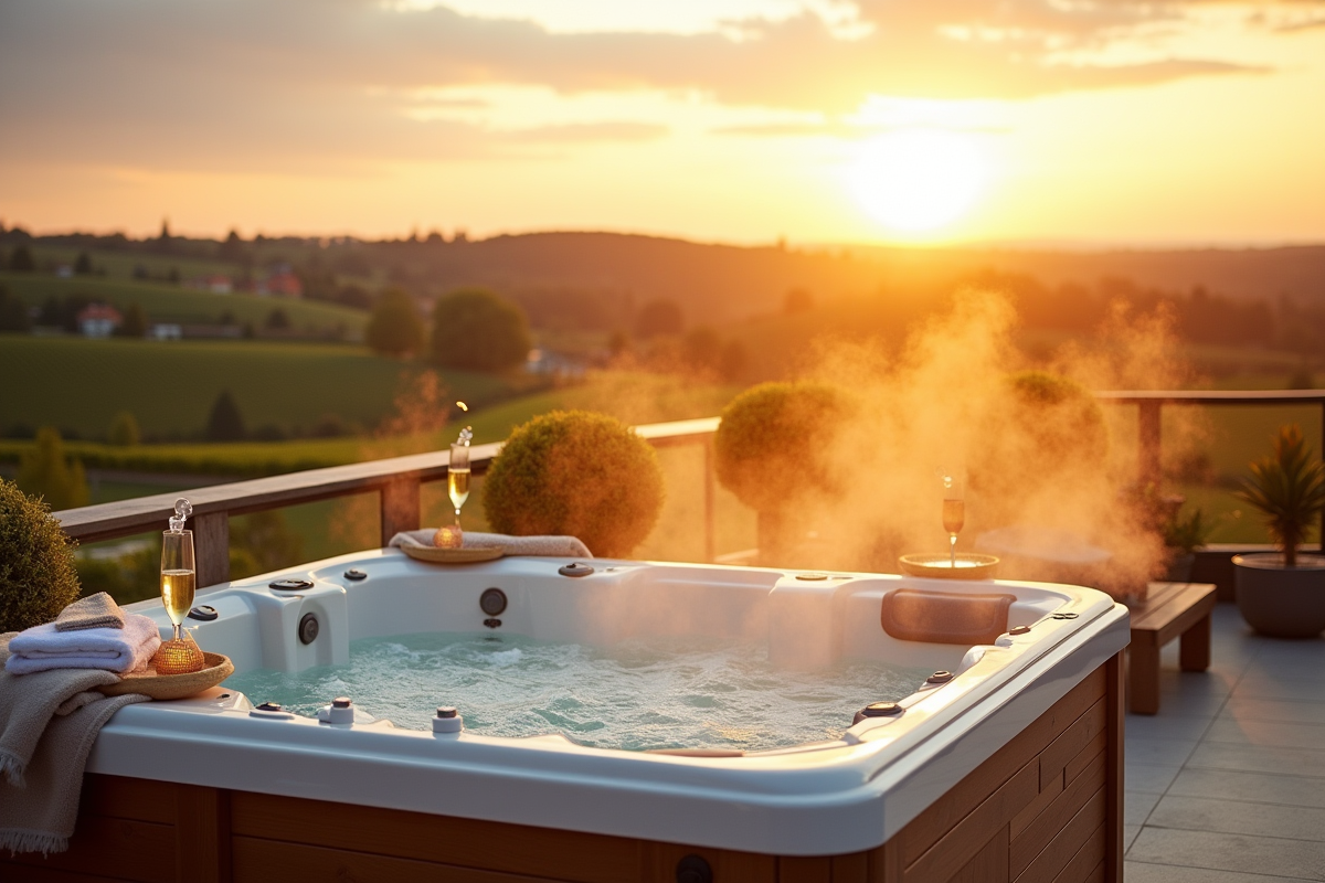 Jacuzzi extérieur sur terrasse avec vue sur vignes en Alsace