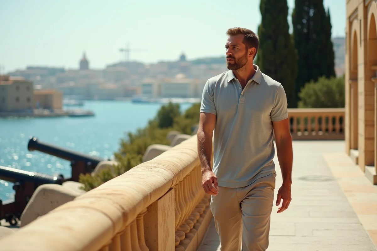 Homme se promenant dans les jardins Upper Barrakka avec vue panoramique sur le Grand Port de La Valette
