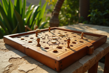 Plateau senet ancien en extérieur avec pièces en milieu de partie