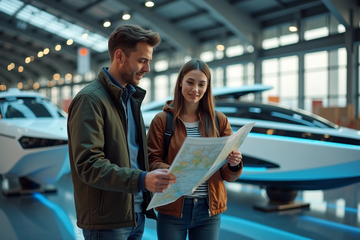 Jeune couple découvrant un bateau électrique au salon