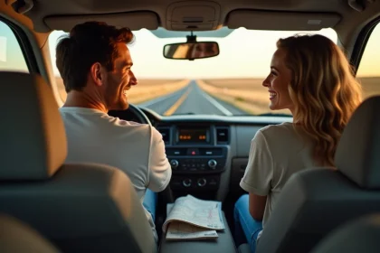 Jeune couple souriant dans un SUV sur la route américaine