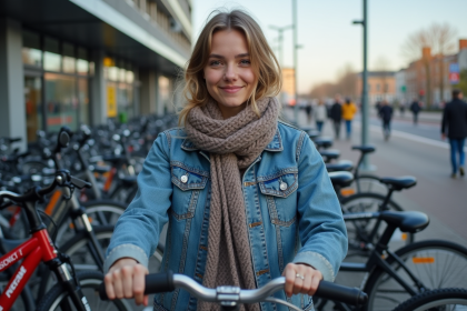 Jeune femme néerlandaise en denim verrouille son vélo en ville