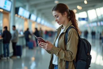 Jeune femme vérifiant son passeport à l'aéroport