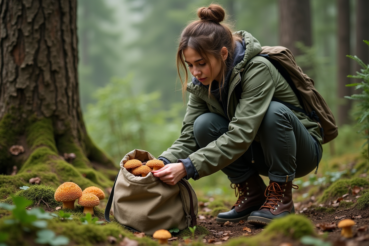 Jeune femme récoltant des champignons sous les grands arbres
