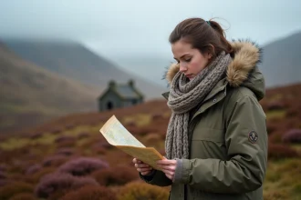 Jeune femme regardant une carte sur un moor verdoyant