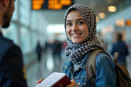 Jeune femme souriante avec passeport &agrave; la fronti&egrave;re