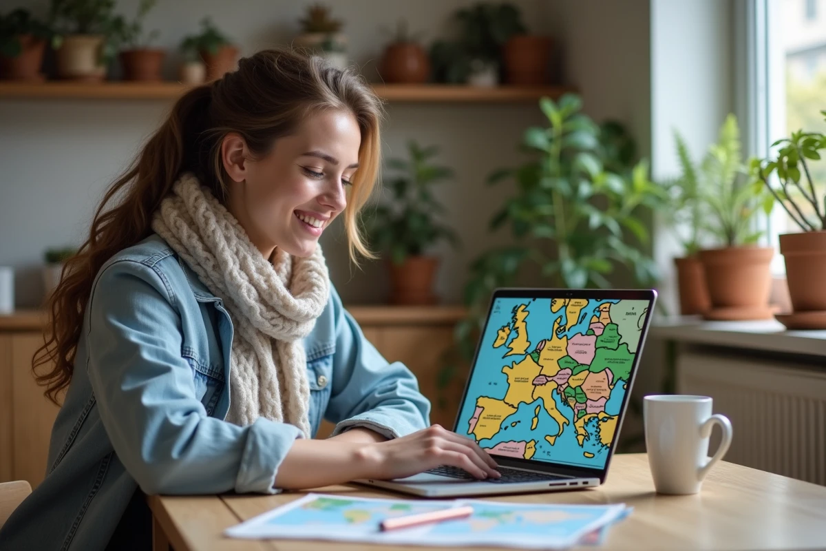 Jeune femme souriante planifiant son voyage en Europe