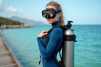 Jeune femme en combinaison de plongée ajustant son oxygène