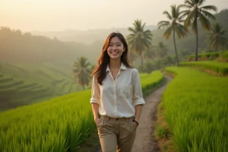 Jeune femme souriante dans les rizières de Tegallalang au matin