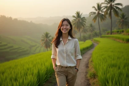 Jeune femme souriante dans les rizi&egrave;res de Tegallalang au matin
