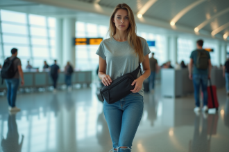 Jeune femme ajustant un sac à la taille dans un aéroport animé