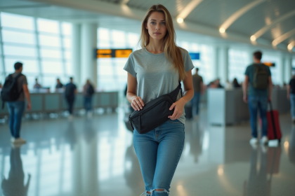 Jeune femme ajustant un sac à la taille dans un aéroport animé