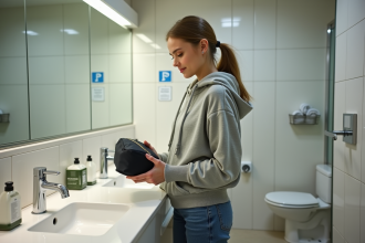 Jeune femme dans une salle de bain moderne d'auberge