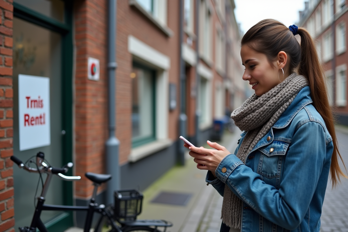 Jeune femme vérifiant son smartphone devant un immeuble belge
