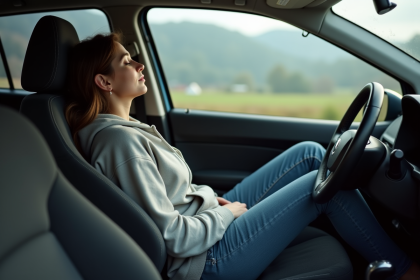 Jeune femme dormant dans une voiture en Wallonie