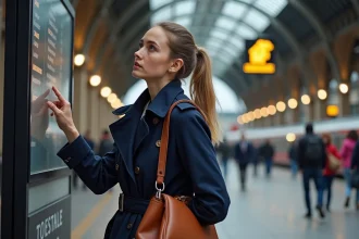 Jeune femme dans une gare de Lille vérifiant le tableau des départs