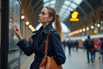 Jeune femme dans une gare de Lille v&eacute;rifiant le tableau des d&eacute;parts