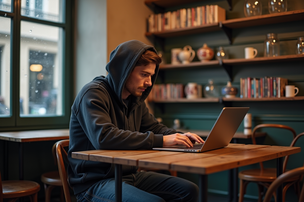 Jeune homme au café parisien travaillant sur son ordinateur portable